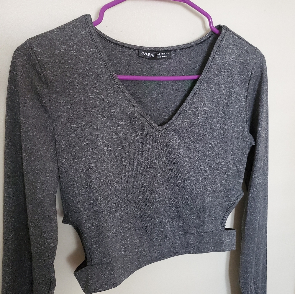 Gray Long Sleeve Fitted Crop Shirt